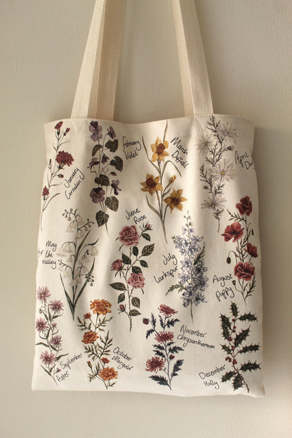 Birth flower/ Natural colour tote bag