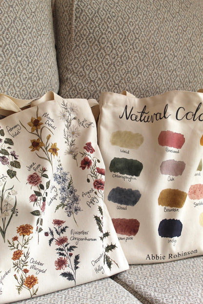 Birth flower/ Natural colour tote bag